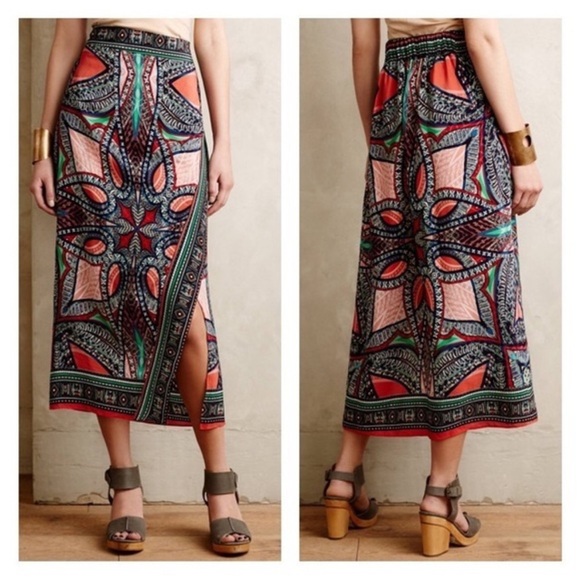 Anthropologie Maeve Silk Geoda Maxi Midi Skirt Wrap Tribal Print Size 12 - Picture 5 of 9